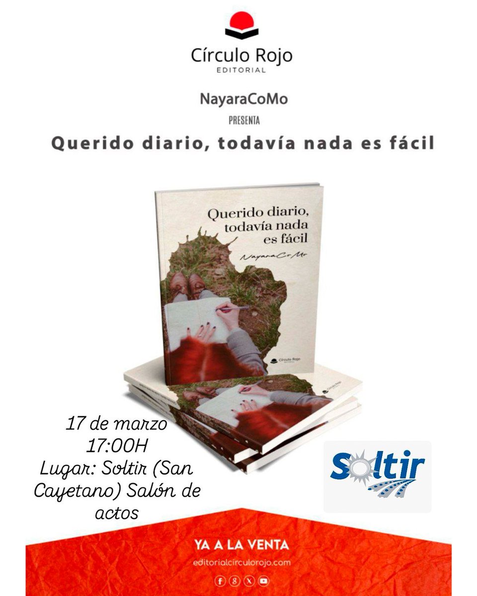 📚 Presentación de libro

Hoy a las 17:00 h te esperamos en Soltir (San Cayetano) para la presentación de “Querido diario, todavía nada es fácil”, la tercera obra de NayaraCoMo.

✨ Un encuentro especial para descubrir su nuevo libro y apoyar el talento joven.

¡Te esperamos! 📖