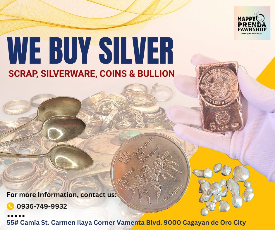 goldsilvercdo's tweet photo. 𝐍𝐚𝐚 𝐦𝐨𝐲 𝐝𝐚𝐚𝐧 𝐧𝐠𝐚 𝐬𝐢𝐥𝐯𝐞𝐫 𝐬𝐚 𝐛𝐚𝐥𝐚𝐲? 🥈 Don't let your silver scrap, coins, or old silverware just gather dust!

👇 𝐃𝐚𝐥𝐢 𝐧𝐚, 𝐢-𝐜𝐚𝐬𝐡 𝐧𝐚 𝐧𝐚𝐭𝐨 𝐧𝐚!
📞 0936-749-9932
📍 55# Camia St. Carmen Ilaya Corner Vamenta Blvd., CDO

#HappyPrenda https://t.co/Eg2c6XM2LQ