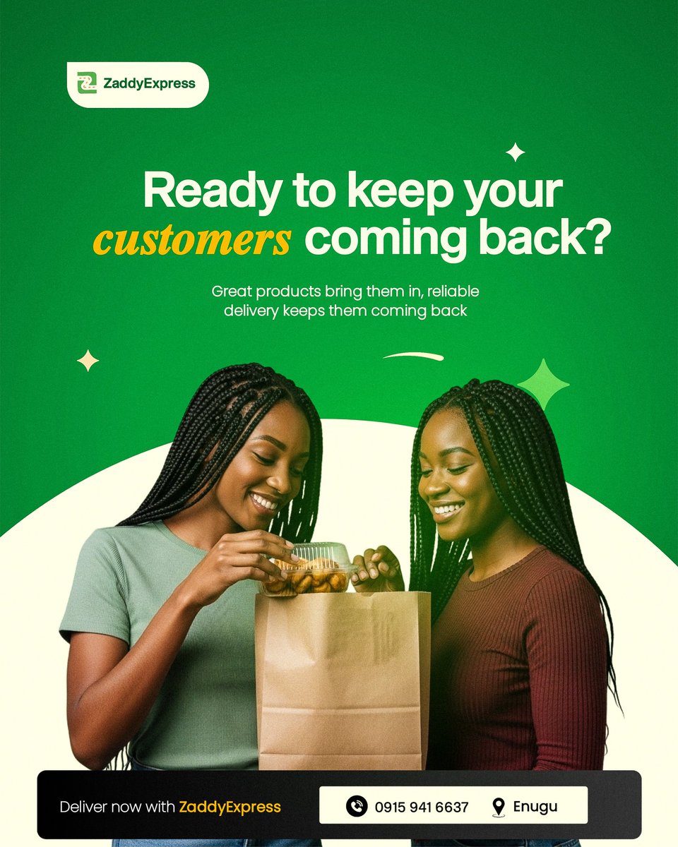 ZaddyExpress's tweet photo. Ready to get your customers coming back?🚚
Then your delivery experience needs to match your product quality.
ZaddyExpress makes that happen. Every time. 💯
Call/WhatsApp: 09159416637
#ZaddyExpress #dispatchriderinEnugu #EnuguLogistics #EnuguDispatchRider #samedaydelivery https://t.co/f7gRO3W9bE