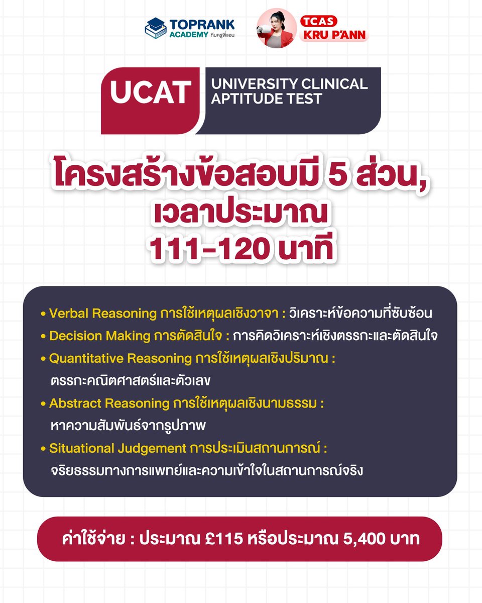 toprank_academy's tweet image. 🚨 UCAT คืออะไร? ทำไมสายแพทย์ต้องสอบ? 🚨
น้องๆ #DEK70 ที่จะยื่นเข้าเรียนรอบ Portfolio สายแพทย์ ต้องฟังทางนี้! 
เตรียมตัวให้พร้อมแต่เนิ่นๆ โอกาสติดรอบพอร์ตอยู่ไม่ไกลเกินเอื้อม! ✌️📚

#UCAT #ครูพี่แอน #กสพท TCAS70