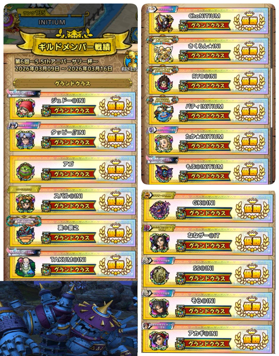 RYODQT1's tweet image. 🎊第6回5.5thアニバーサリー杯🎊
“INITIUM”は前回と同じく17名がグランドクラスで優勝できました🎉
超魔王に魔獣・マガシドー等様々な編成で対応するのが大変でしたが、創意工夫しながら今回もみんなで楽しめたかなと思います😁✨
#グランドトーナメント
#INITIUM