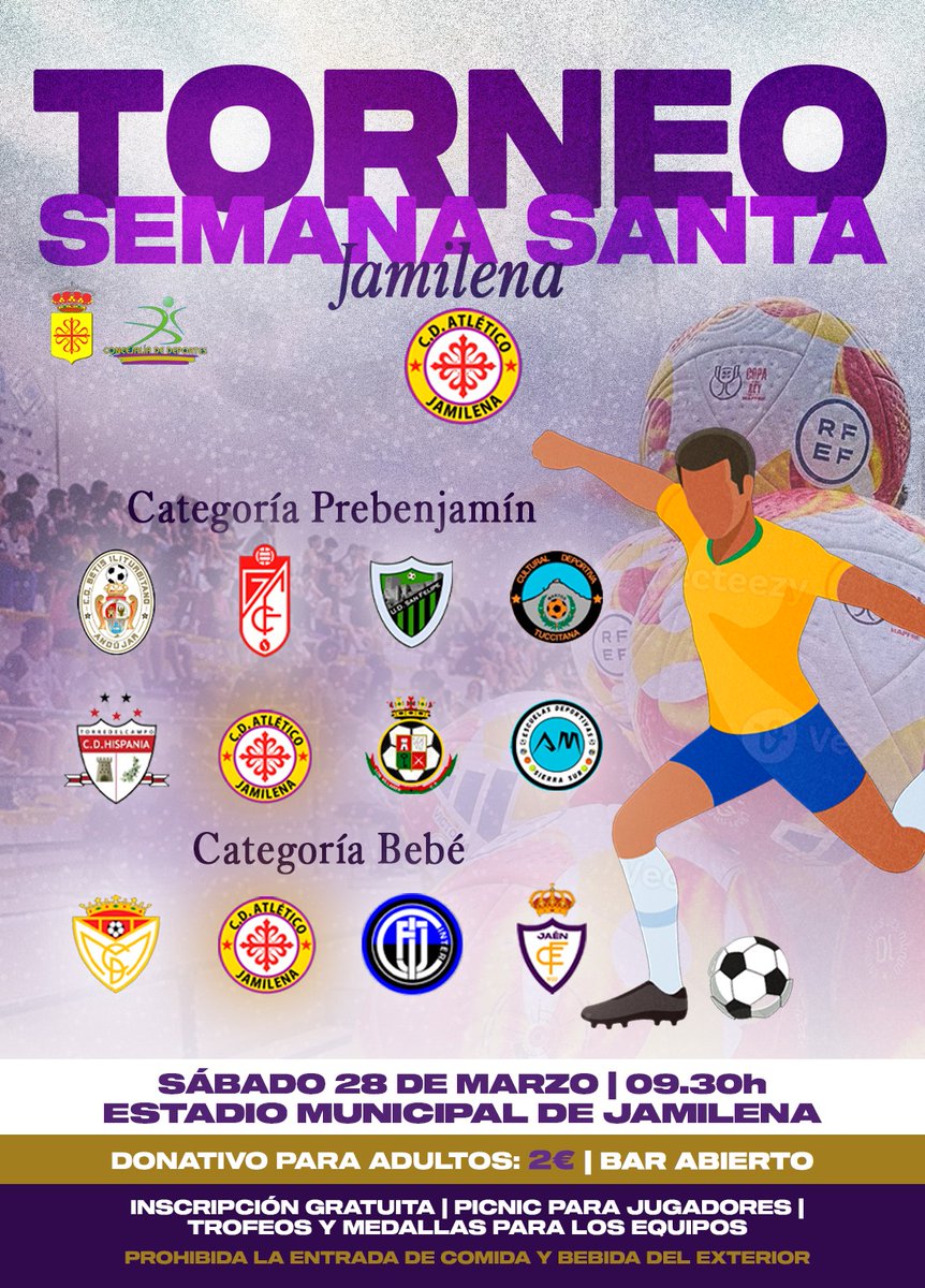 Atco_Jamilena's tweet photo. 🖼 𝐂𝐀𝐑𝐓𝐄𝐋 𝐎𝐅𝐈𝐂𝐈𝐀𝐋

¡Estos son los equipos participantes en el Torneo de Semana Santa de Jamilena! 💜

🫡 El sábado 28 de marzo, no te pierdas el mejor fútbol, el mejor ambiente y los mejores equipos, en el Municipal de Jamilena.

🎟 Donativo +18: 2€ | 🥙 Bar Abierto https://t.co/XWfNY6idJm