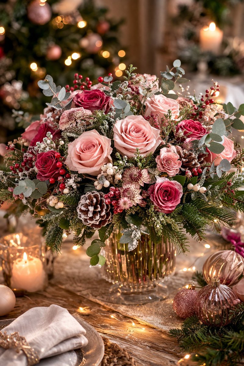 underxmastree's tweet image. Festive question for you… 🎄 Do you add Christmas flowers to your centrepiece or keep it classic? 🌹✨ 

#FestiveDecor #ChristmasTable #HolidayStyle #AIImage