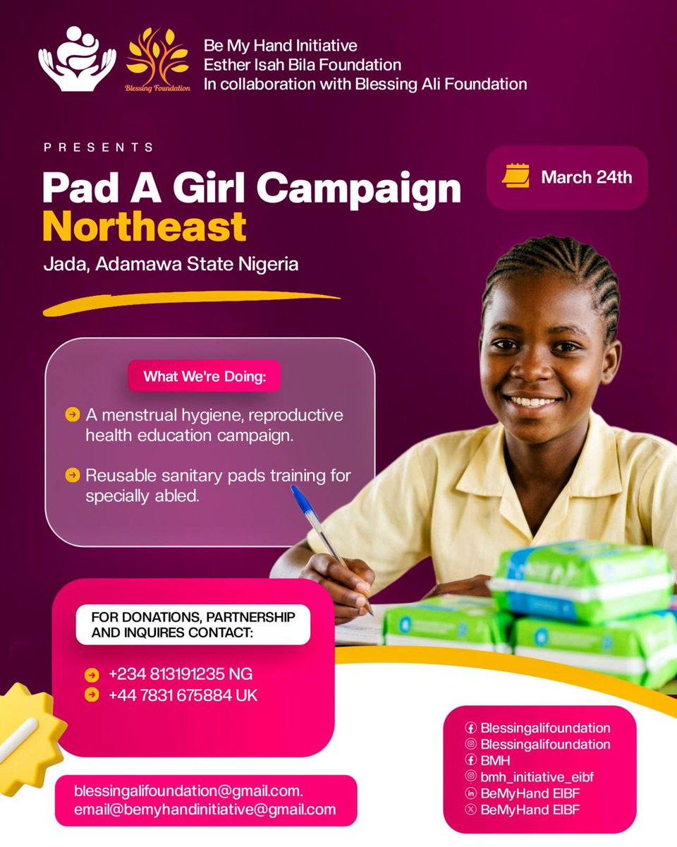 BlessingAliFdn's tweet photo. No girl should miss school because of her period. 💜 

Join us March 24th in Jada, Adamawa as we Pad A Girl, educate on menstrual &amp; reproductive health, and train on reusable pads, especially for our specially-abled sisters. 

Your support changes lives! https://t.co/qBSrhg8BLd