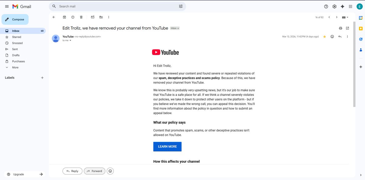 Sharkinomc's tweet photo. @TeamYouTube @YouTube Requesting manual human review – appeal auto rejected. https://t.co/vb3eAmanSd