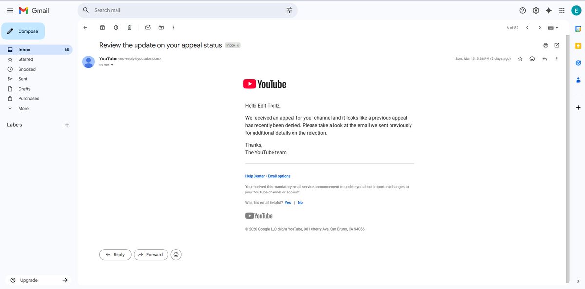 Sharkinomc's tweet photo. @TeamYouTube @YouTube Requesting manual human review – appeal auto rejected. https://t.co/vb3eAmanSd