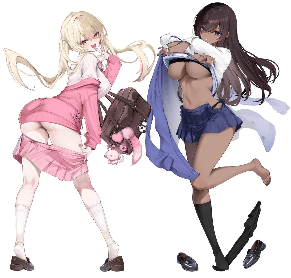 fay_axl's tweet photo. こちらはえもこさんのサークルにて冬コミで頒布されたアクスタ用の立ち絵です（着替え中のギャルズ）
現在はそれぞれの音声作品販売ページで掲載されております✨ https://t.co/fb23QtjSvg