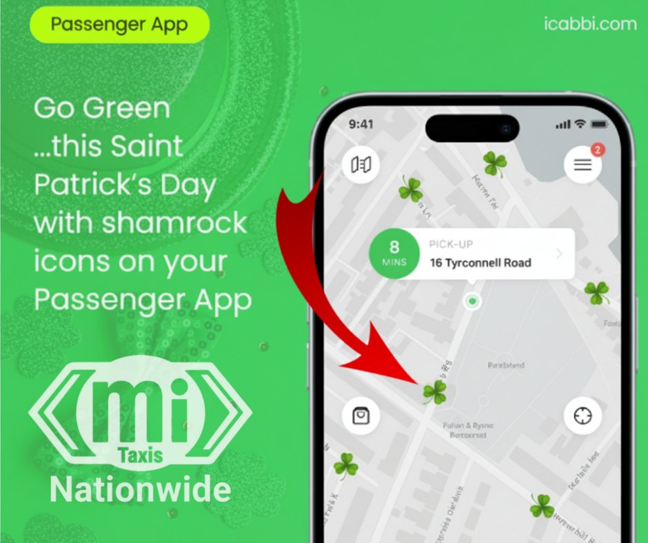🍀 Happy St. Patrick’s Day from all of us at MI Taxis! 🍀

All day today, our cars have turned into shamrocks! ☘️ It’s our fun way of spreading a bit of Irish luck and festive cheer while you travel.

Download the Mi Taxis app today: icab.bi/mitaxis