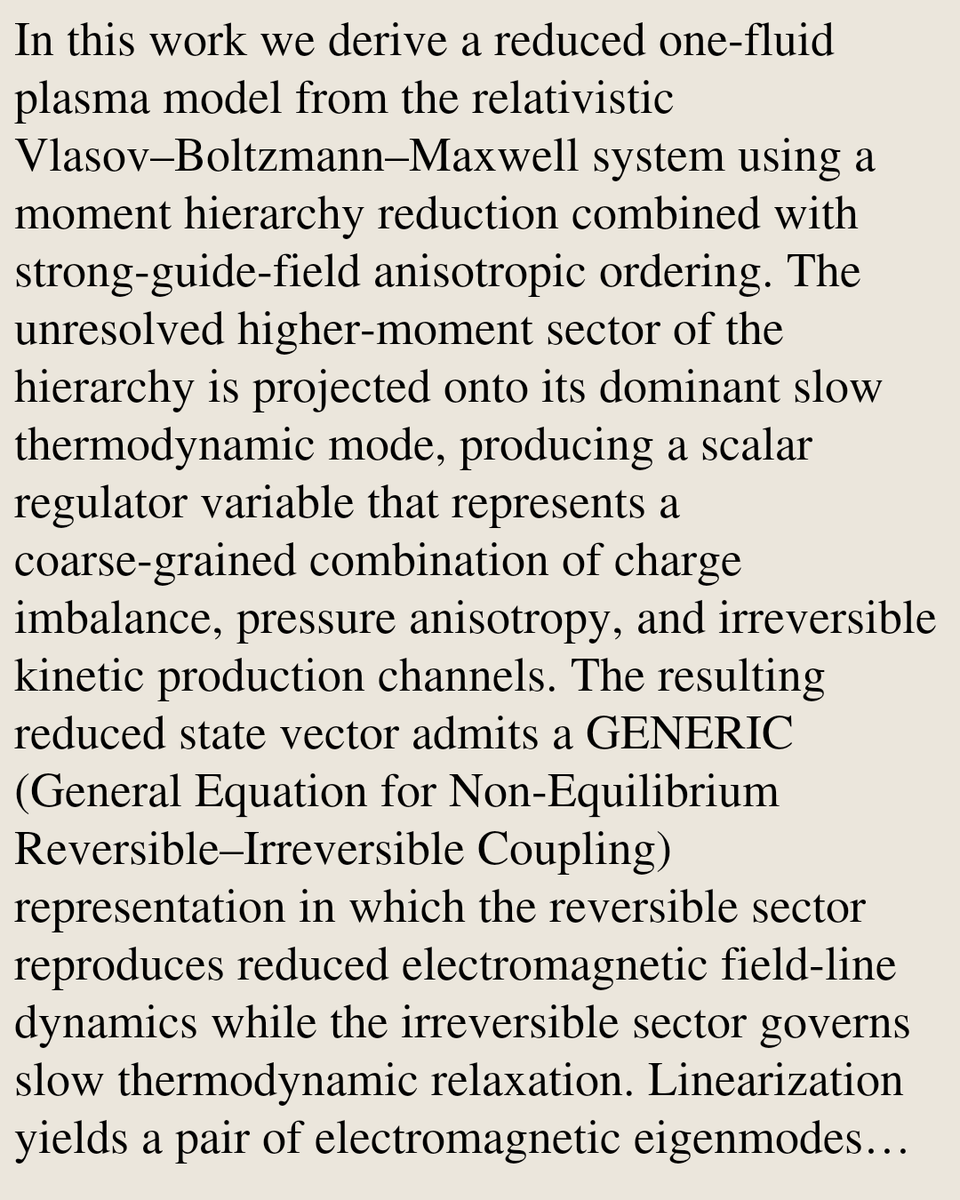 Reduced One-Fluid GENERIC Closure from Relativistic Moment Kinetics

Madison J. Newell, Salman A. Nejad
arxiv.org/abs/2603.14459 [𝚙𝚑𝚢𝚜𝚒𝚌𝚜.𝚙𝚕𝚊𝚜𝚖-𝚙𝚑 𝚑𝚎𝚙-𝚝𝚑]
