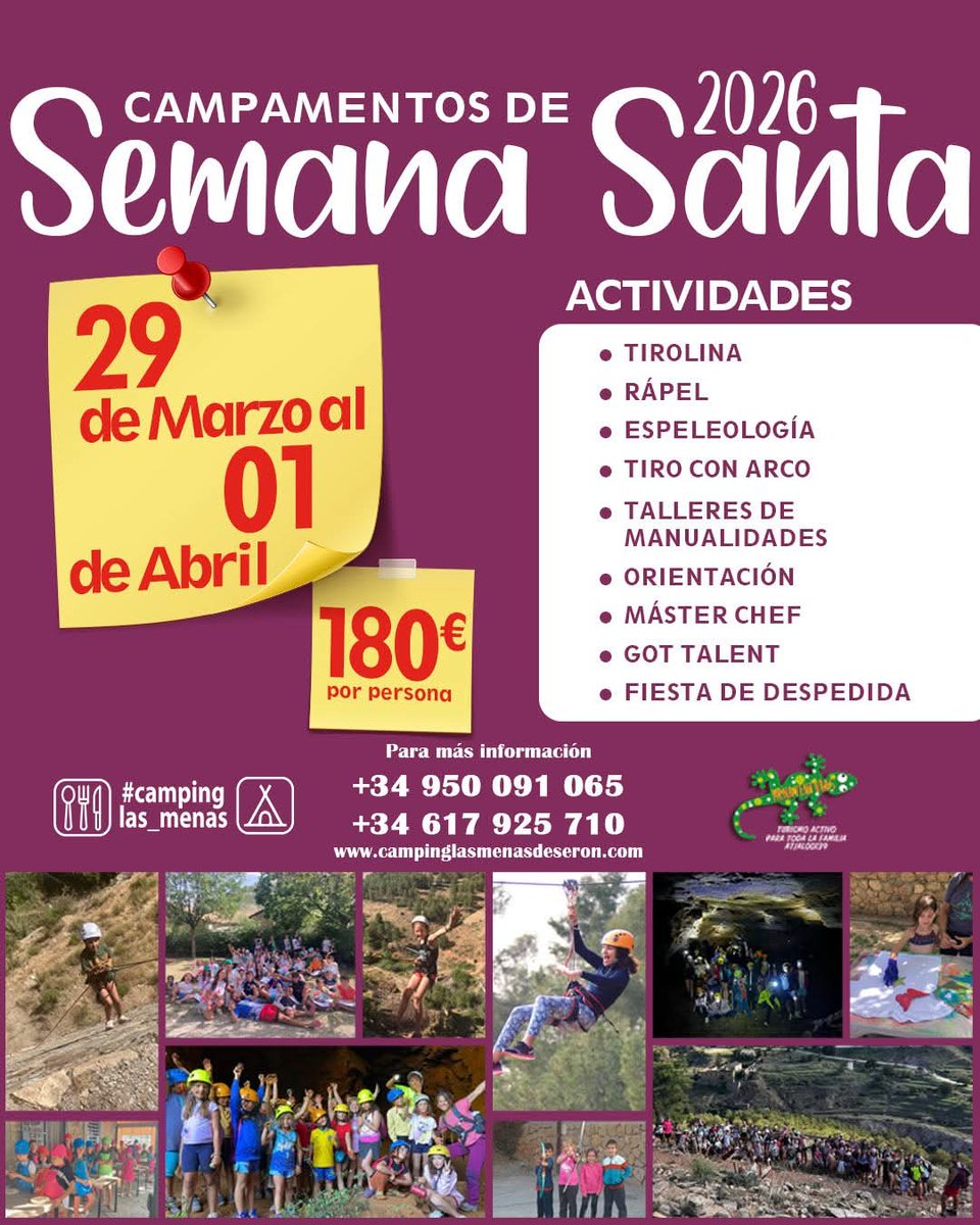 ✨ ¡Esta Semana Santa la aventura está en plena naturaleza! ✨

📅 Entrada: 29 de marzo a las 16:00 h
📅 Salida: 1 de abril a las 16:00 h
💰 Precio: 180€/persona

4 días llenos de emoción, aprendizaje y diversión.