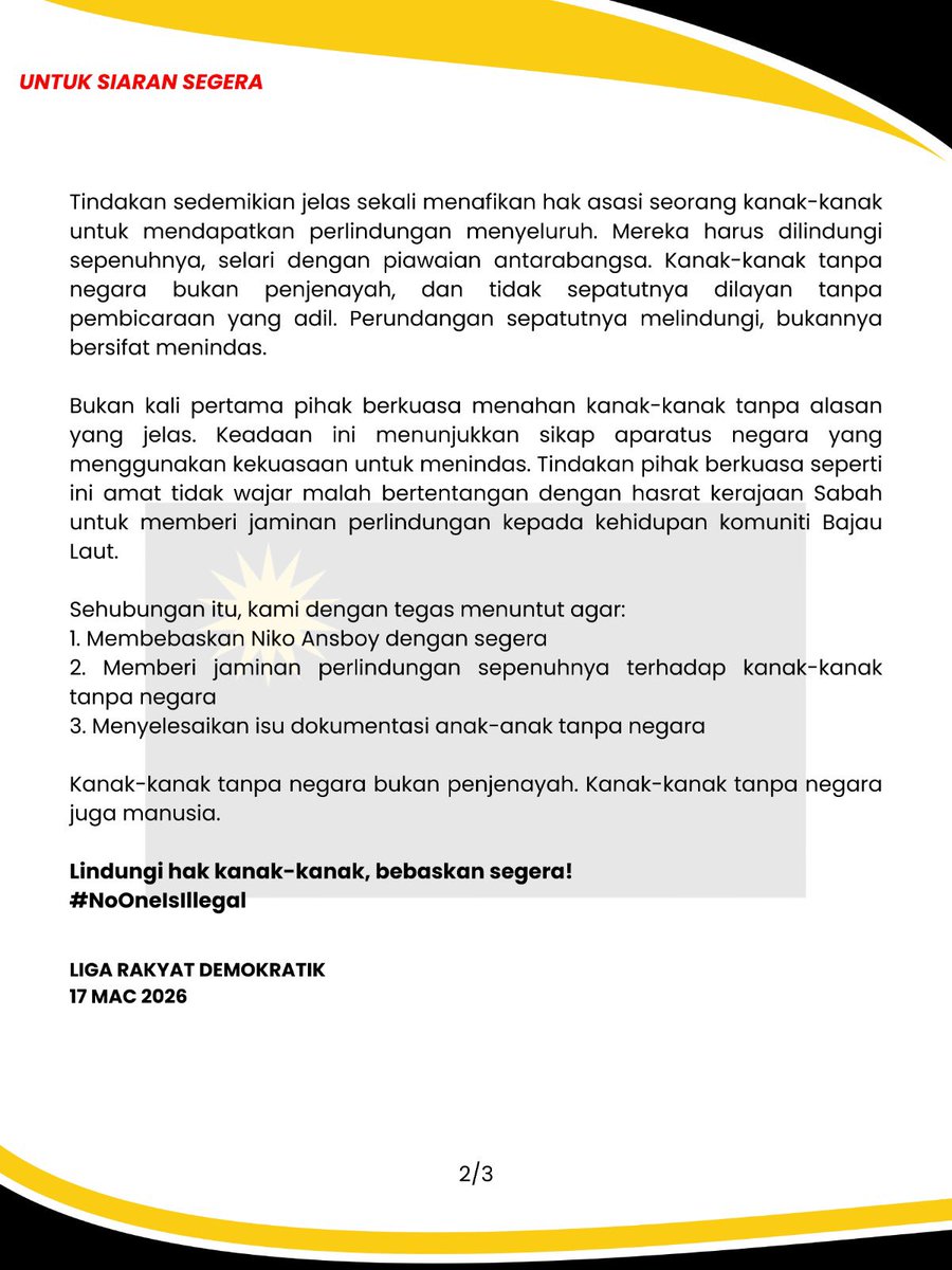 LigaRakyatLRD's tweet photo. Kenyataan Media bersama: Pencabulan Konvensyen Kanak- Kanak (CRC) 1995 Serta Akta Kanak-Kanak 2001; Bebas Niko Ansboy Segera

Liga Rakyat Demokratik bersama gerakan masyarakat sivil yang lain mengutuk tindakan pihak berkuasa yang menahan seorang kanak-kanak di bawah umur tanpa- https://t.co/nuYQH7nvkH
