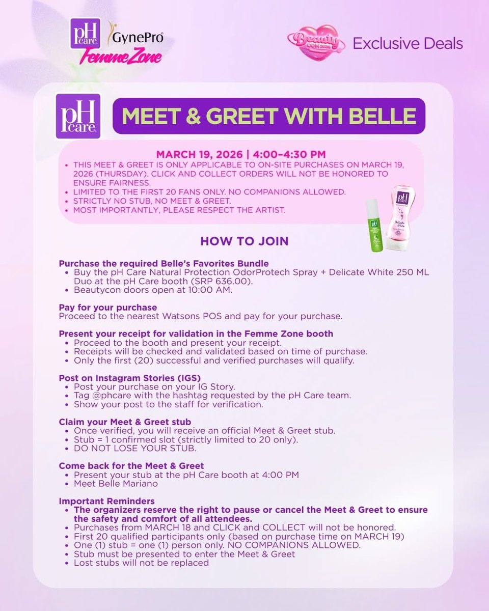📸 17Mar2026~  @.phcare Instagram update with #BelleMariano  

“We didn’t want to keep you waiting! Want to meet <a href="/bellemariano02/">Belle Mariano</a>? 💗 Be one of the first 20 to purchase the pH Care bundle at BeautyCon 2026 and unlock exclusive Meet &amp; Greet access ✨

Plus enjoy expert advice,
