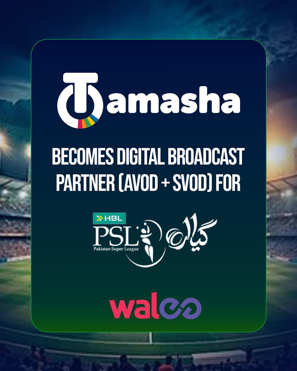 WaleePakistan's tweet photo. Walee Technologies x Tamasha 🤝

Tamasha joins as a Digital Broadcast Partner (AVOD + SVOD) for HBL PSL, offering both ad-supported and subscription-based streaming options for fans.

Expanding access. Enhancing experience. 🏏

#Walee #Tamasha #HBLPSL #PSL #AVOD #SVOD https://t.co/DGxXukmg05