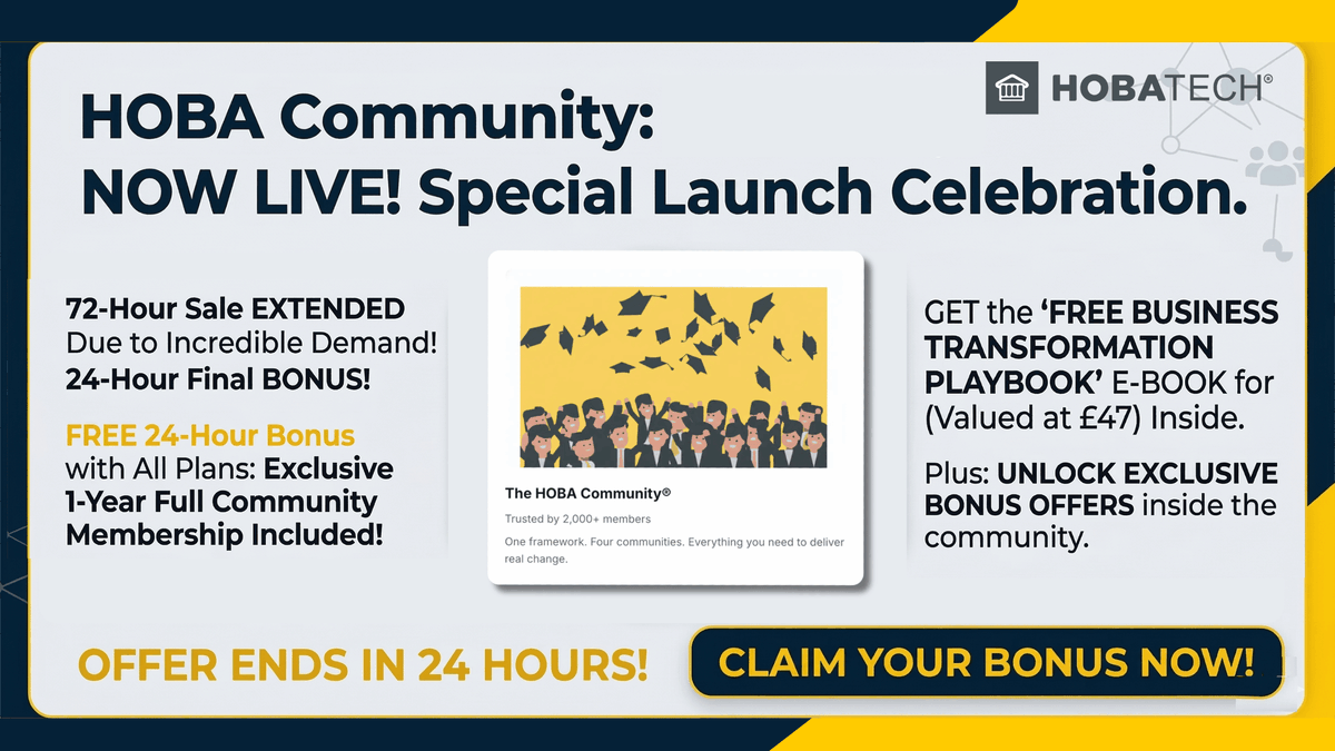 We’ve extended the HOBA Community launch offer by 24 hours. 🚀

If you missed the original deadline, you now have until 9:00 a.m. Wednesday UK time.

Join the new home of transformation and claim the bonuses:
📘 free e-book
🎁 exclusive bonus offers
✅ 1-year full community