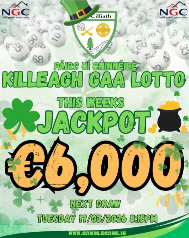 KilleaghGAA's tweet photo. ☘️St Patrick’s Day Lotto Jackpot is €6,000☘️

Are you feeling lucky this St Patrick’s Day? Do you feel luck is on your side?

Tickets are available in local businesses or you can play online here (https://t.co/NVPtwelz7V) before 8pm tonight. If you’re not in, you cannot win! https://t.co/6J5MDRulVU