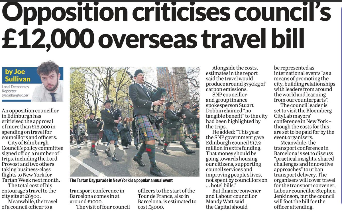 Live in Edinburgh and wonder why your council tax is so high?

Well one reason is because 3 councillors and officers are flying off to New York for Tartan week and they're flying business class.

Another 4 flew to Barcelona for the Tour de France.

Utterly outrageous.