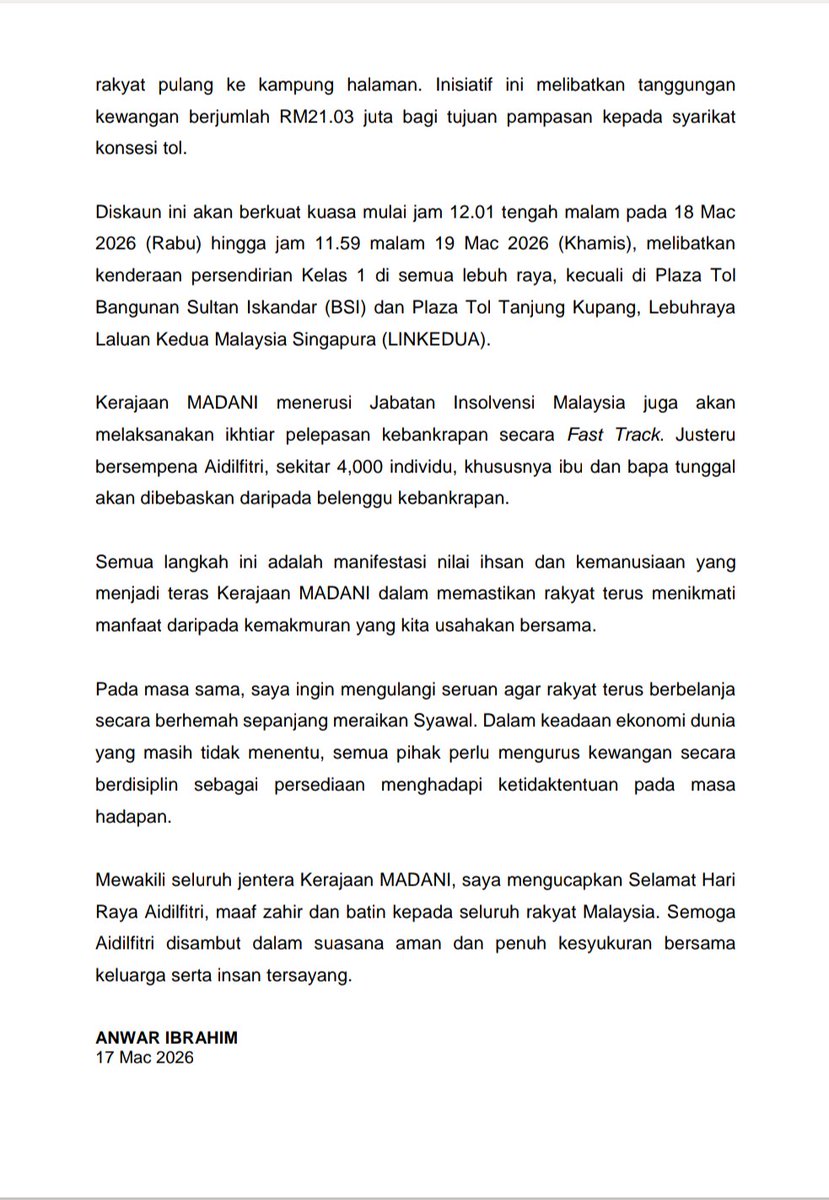 FaktaBukanAuta's tweet photo. [TERKINI : IKHTIAR RINGANKAN BEBAN RAKYAT SEMPENA AIDILFITRI]

Kerajaan akan beri diskaun tol sebanyak 50% bermula 12.01 tengah malam 18 Mac (Rabu) hingga 11.59 malam 19 Mac (Khamis). 

RM21 juta pampasan akan dibayar kpd konsesi tol.

Juga, Kerajaan menerusi Jabatan Insolvensi Malaysia akan laksanakan ikhtiar pelepasan kebankrapan secara fast track.

4,000 individu akan dilepas dari bankrap.

Alhamdulillah, sambut syawal dgn kesyukuran! 🫱🏻‍🫲🏼