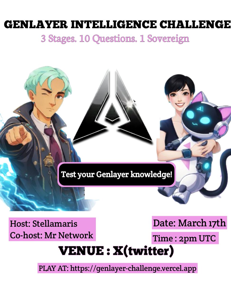 join us today for the Genlayer Intelligence Challenge (Episode 4)

•  venue: X 
•  time: 2:00pm utc
•  play live: genlayer-challenge.vercel.app

set your reminders and prepare for challenge