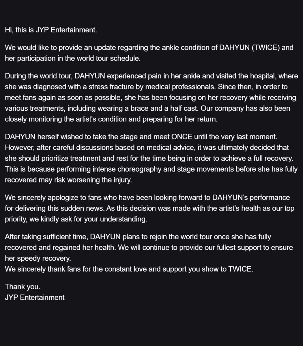 Dahyun will be unable to participate in the 'THIS IS FOR' IN TAIPEI concerts due to her fractured ankle. Get well soon 🥺🤍