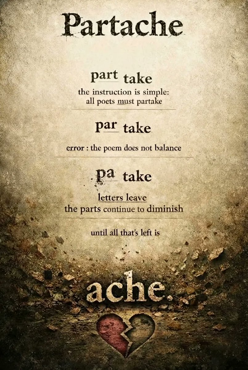 thedevilstuna's tweet image. #vss365

Partache
part
  take
the instruction is simple:
all poets must partake
par
    take
error : the poem does not balance
pa
    take
letters leave
        the parts
             continue to diminish
         until all that's
                  left is

       ache.
#partake