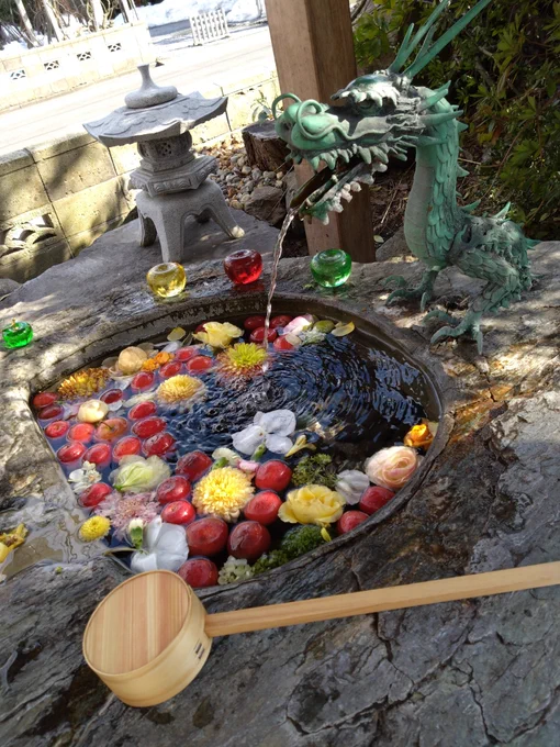 金稼ぎに貪欲な神社でイロモノおみくじ見つけたから買いまくった 御朱印もためまくってこざる 手水舎にりんご浮いてるのも可愛い あと青森意外にモツ煮込みが美味い