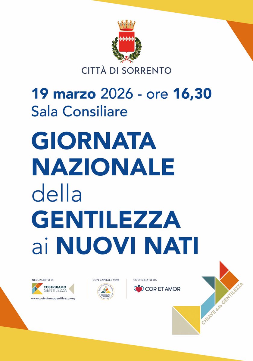 C'è anche Sorrento tra i Comuni italiani che hanno aderito alla "Giornata nazionale della gentilezza ai nuovi nati".  L'evento sarà celebrato giovedì 19 marzo, alle ore 16.30, presso la sala consiliare del Palazzo Municipale.
Il comunicato stampa: comune.sorrento.na.it/it/novita/page…