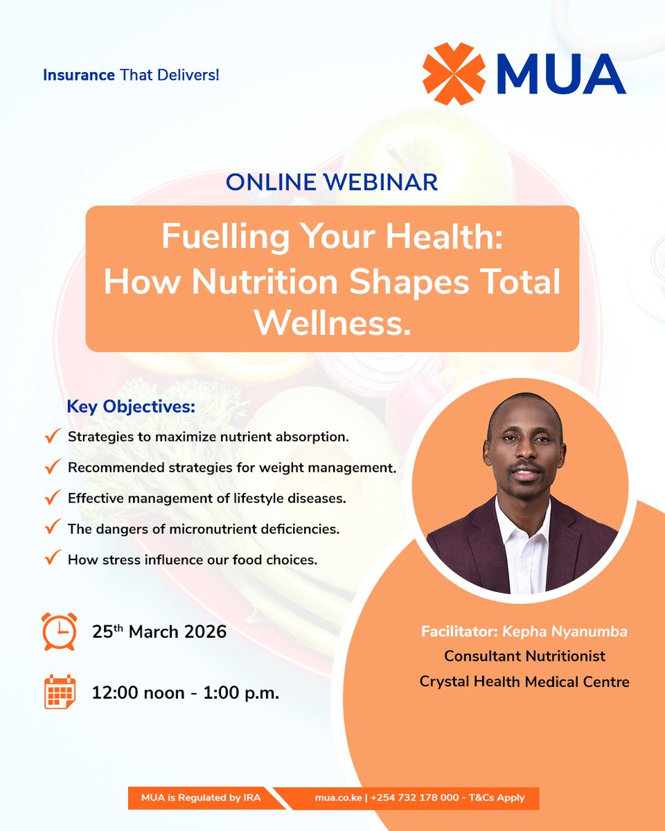 MUA_Kenya's tweet image. Food is not just what’s on your plate. It is how you show up in life.
Join us for a powerful conversation on how nutrition shapes your energy, your focus, your future.

teams.microsoft.com/meet/391726782…...
#MUAInsurance #InsuranceKe #MUAcares #HealthInsurance #GeneralInsurance #Wellness