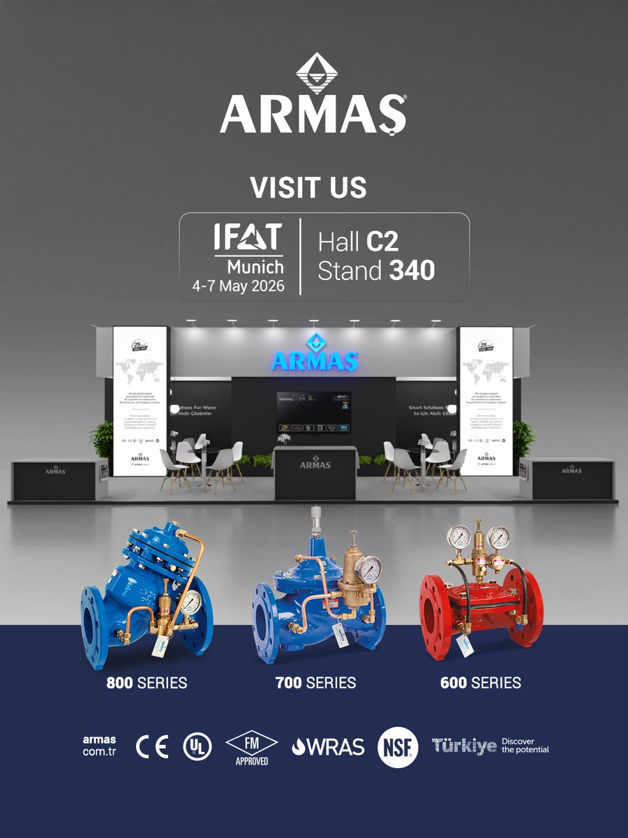ARMAS_VALVE's tweet photo. @IFATworldwide 
Meet us at #IFAT2026 Munich!
Discover our latest products &amp; innovations.
📩 Contact us for your free entry ticket

📍 Hall C2 – Stand 340
📅 4–7 May https://t.co/y1O4qXIukB