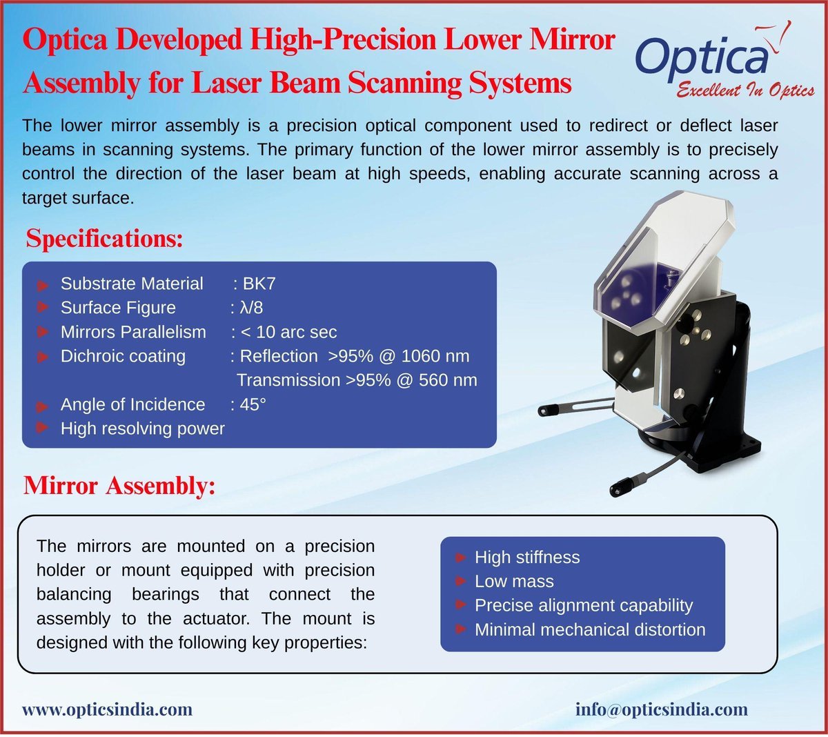 🚀 Introducing Optica’s High-Precision Lower Mirror Assembly—engineered for high-speed laser beam scanning with superior precision, reliability, and performance in demanding optical applications 
🔗 opticsindia.com 📩 info@opticsindia.com #Optics #LaserTechnology #Optica
