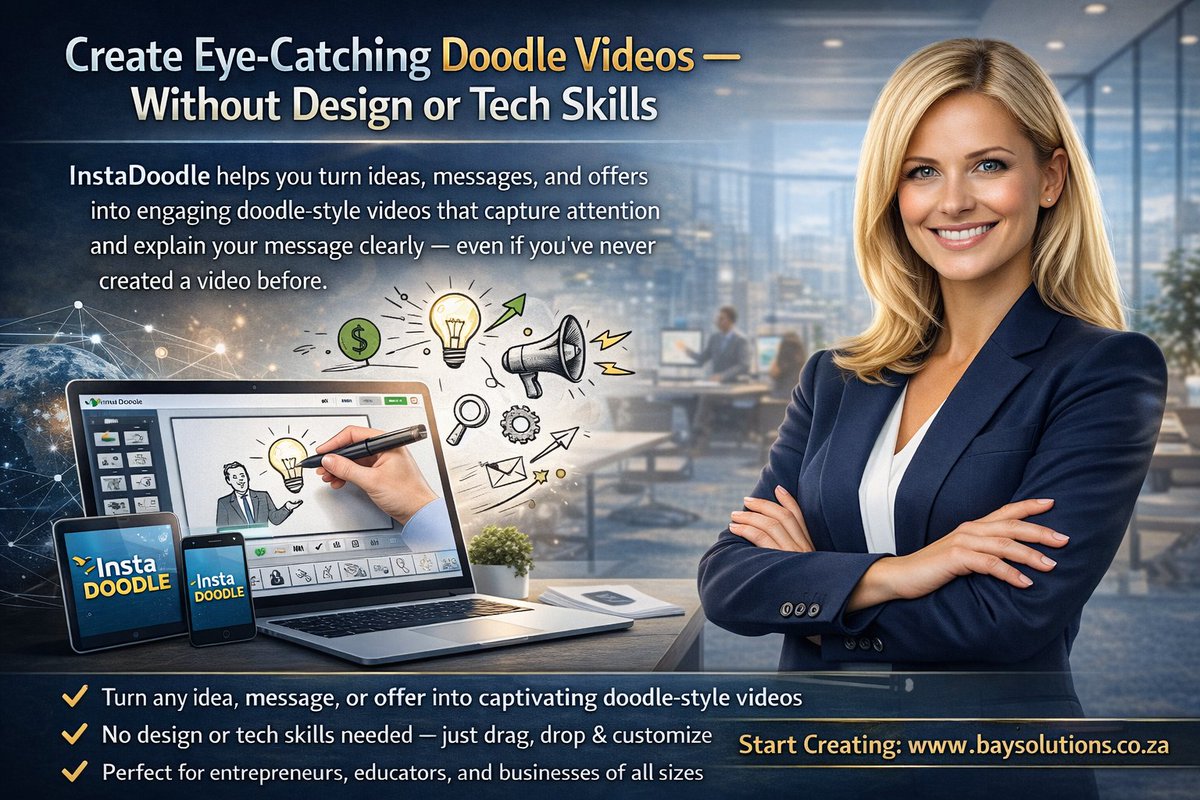 InstaDoodle helps you turn ideas, messages, and offers into engaging doodle-style videos that capture attention and explain your message clearly — even if you’ve never created a video before.
Learn more here: baysolutions.co.za/instadoodle/