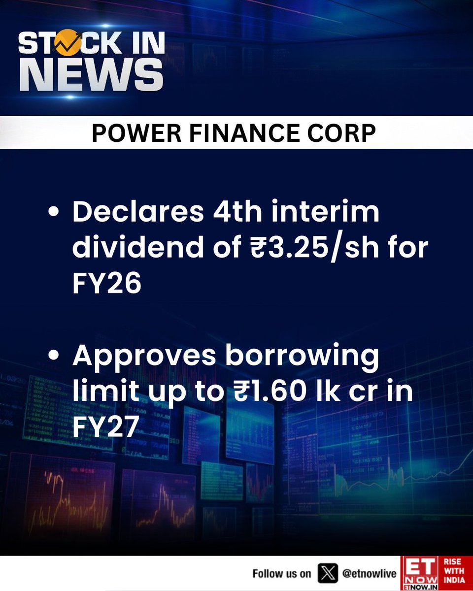 ETNOWlive's tweet image. #StockInNews | Power Finance Corp declares 4th interim dividend of ₹3.25/sh for FY26

This is the update on the borrowing limit👇

@pfclindia #StockMarket #dividend