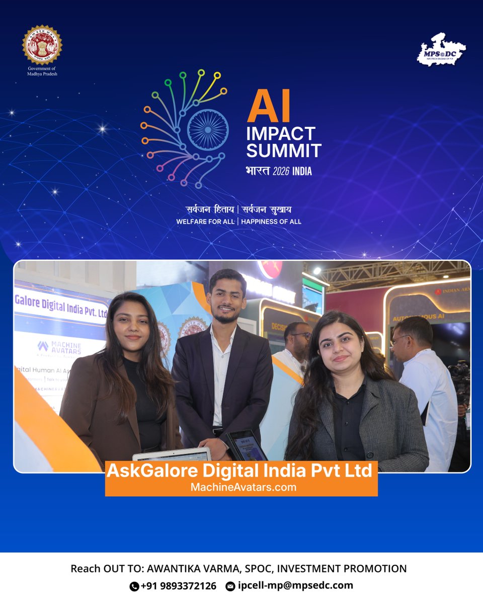 Meet AskGalore Digital India Pvt Ltd, who showcased 𝐌𝐚𝐜𝐡𝐢𝐧𝐞𝐀𝐯𝐚𝐭𝐚𝐫𝐬.𝐜𝐨𝐦, its no-code AI platform, at the Madhya Pradesh Pavilion during the India AI Impact Summit 2026.

#IndiaAIImpactSummit2026 #MPAIImpactSummit2026
#eMPoweredBharat #PeoplePlanetProgress