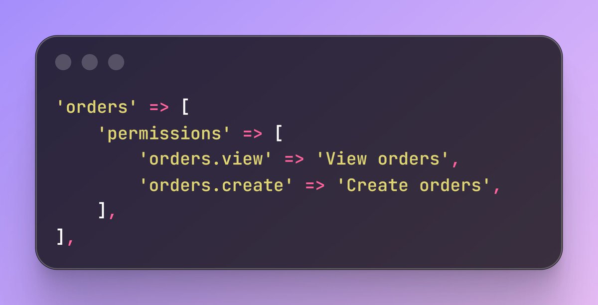 d_isaenko_dev's tweet image. 100+ permissions in my SaaS. Zero in AuthServiceProvider.

All defined in one config file. All auto-registered as Gates on boot.

Sync with `php artisan permissions:sync`. Done.

#LaraFoundry #Laravel #Authorization #BuildInPublic