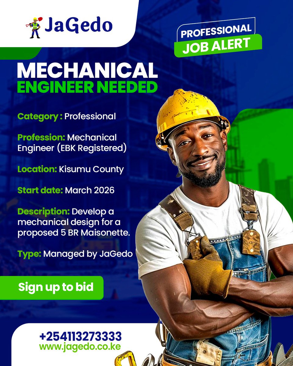Elevate your portfolio with us.

We’re hiring EBK-registered engineers with a sharp eye for design to lead a premium 5BR residential project in Kisumu.

If great design is your signature, place your bid.

Sign up jagedo.co.ke/signup

#jagedo #hiringnow #IkoKaziKE