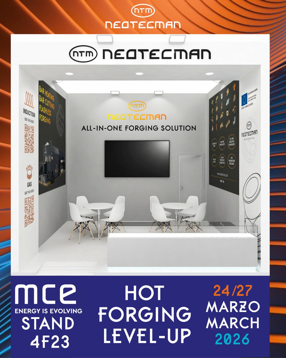 neotecman's tweet photo. COUNTDOWN TO MCE 2026!

Next week, Neotecman brings the Hot Forging Level-Up to Milan!
📍 Fiera Milano | Stand 4F23 
📅 March 24 - 27, 2026
Don't miss the chance to optimize your forging process and boost efficiency. See you next week! 
#MCE2026 #Neotecman #HotForging #HVAC https://t.co/XJHlxvmEEF