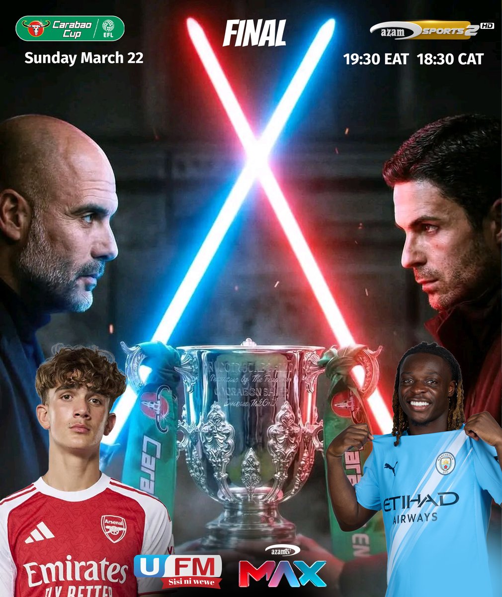 Azamtv_ug's tweet photo. Student vs Master: The story-line remains as potent as ever—Mikel Arteta, the former apprentice, attempting to dismantle the empire built by his mentor, Pep Guardiola.
#Carabaocup #Finals Live on #Azam_Sports 2HD
#Football #Arsena #Manchestercity #Followyourstars