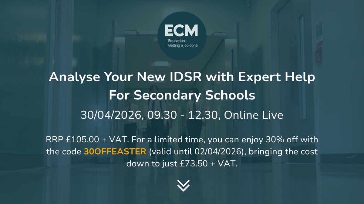 ECM_Education's tweet photo. School leaders📊When did you last review your IDSR? Inspectors often start here. Build confidence in your data story at our practical secondary training session. Limited places. #Ofsted #SchoolLeadership

👉https://t.co/SLmtlbr9kK https://t.co/4otukRHina