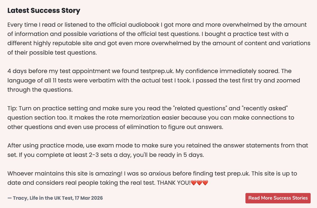 testprepuk's tweet image. Read success stories from learners who trusted testprep.uk for their Life in the UK Test ❤️
testprep.uk/success-stories
#lifeintheuktest #citizenshiptest #SuccessStories