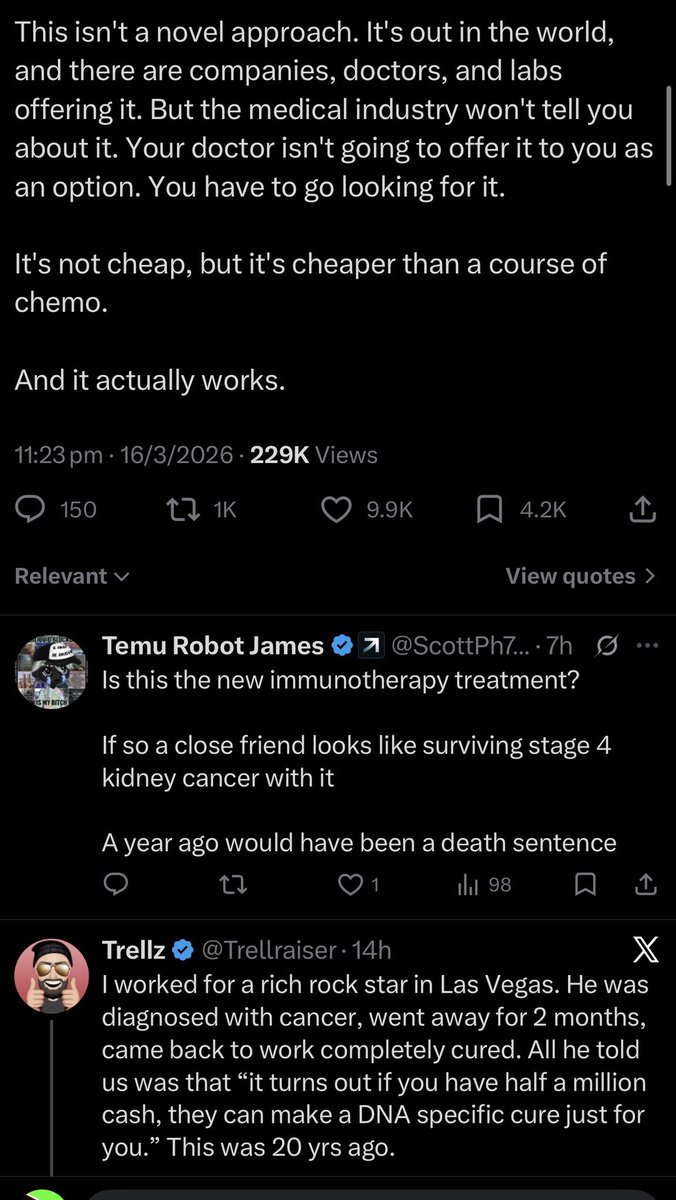 ❤️💛💚💙

🚨 BREAKING 🚨 

💉 MORE People are reporting that they are curing Cancer by getting custom vaccines done by sequencing the DNA using AI.

🤖 Grok AI was used to match the Final Sequence &amp; Protein thingy.

The Medical Industry, full of Scum Satanists, refuse to tell