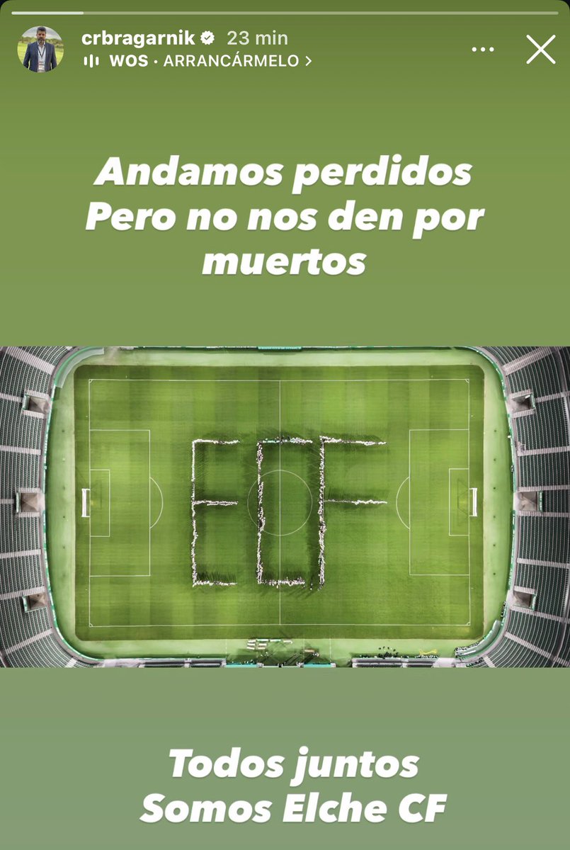El propietario del Elche CF, Christian Bragarnik, lanza un mensaje en plena lucha por la permanencia

“Andamos perdidos, pero no nos den por muertos”, acompañado de una imagen del Martínez Valero donde las siglas ECF han sido formadas por los futbolistas de la cantera