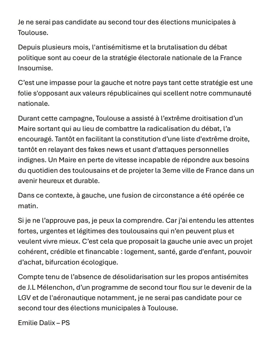 CerfiaFR's tweet photo. 🇫🇷🗳️ FLASH | « C'est une impasse pour la gauche ». Nouvelle DÉFECTION sur la liste de François Briançon (PS) qui s'est ralliée à LFI au second tour des municipales. La conseillère régionale PS Émilie Dalix REFUSE l'alliance. https://t.co/C7lfFJETr4
