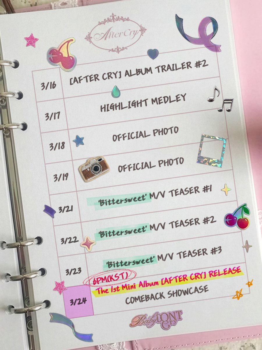 'Bittersweet' Promotion Calendar

The 1st Mini Album 【AFTER CRY】
➫ 2026.03.24 (Tue) 6PM KST
💿 Pre-order : linktr.ee/BabyDONTCry_AF…

#BabyDONTCry #BDC #베돈크
#AFTERCRY #BDC_AFTERCRY #Bittersweet
#260324_6pmKST
#PNATION #피네이션