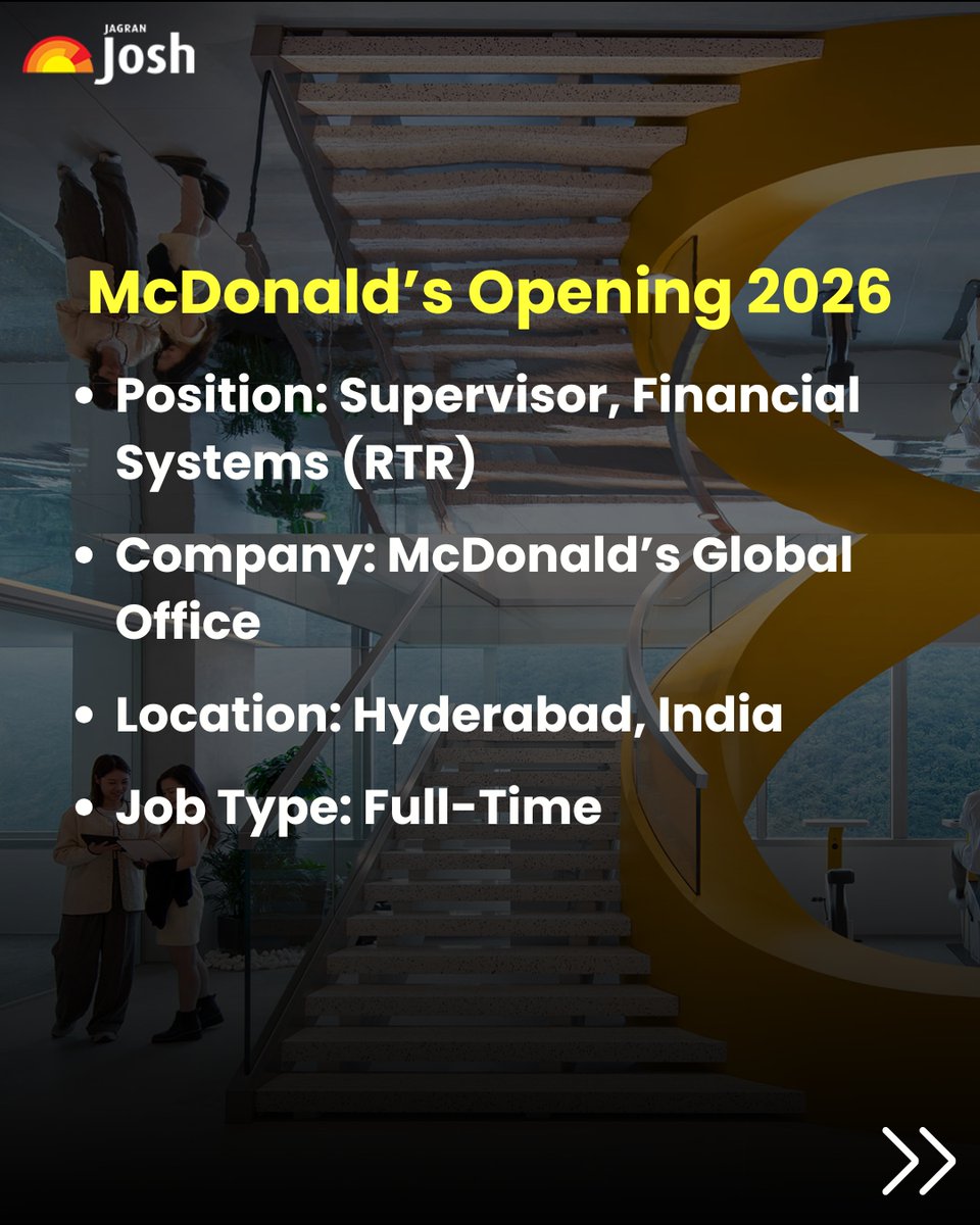 Jagranjosh's tweet image. Looking for a finance job in Hyderabad? McDonald’s is hiring Supervisor, Financial Systems (RTR – FCC, Workiva &amp;amp; EDM) with 2–4 years of a experience. Great chance to work with a global brand.

Apply via Jagran Josh Private Jobs.

#McDonaldsJobs #FinanceJobs #PrivateJobs