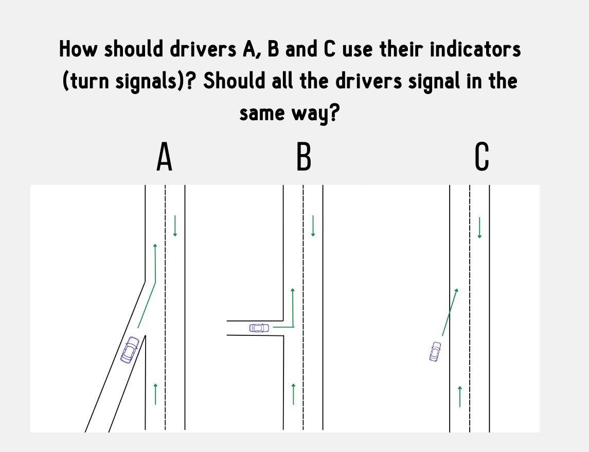 How should drivers A, B and C signal their intentions here? Should they all use the same turn signal? 
#ntsa U-turn