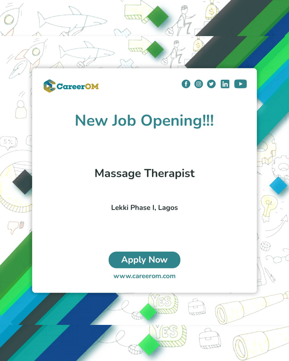 Careerom_'s tweet photo. 💼 New Job Vacancy !!!

Job Title: Massage Therapist

Location: Lekki Phase I, Lagos

Work Mode: 

https://t.co/2q1EngkD5V

#hiring #hr #jobsearch #recruitment #nowhiring #recruiting #jobs #humanresources #employment #remote #remotework https://t.co/eg0zHGeZjw