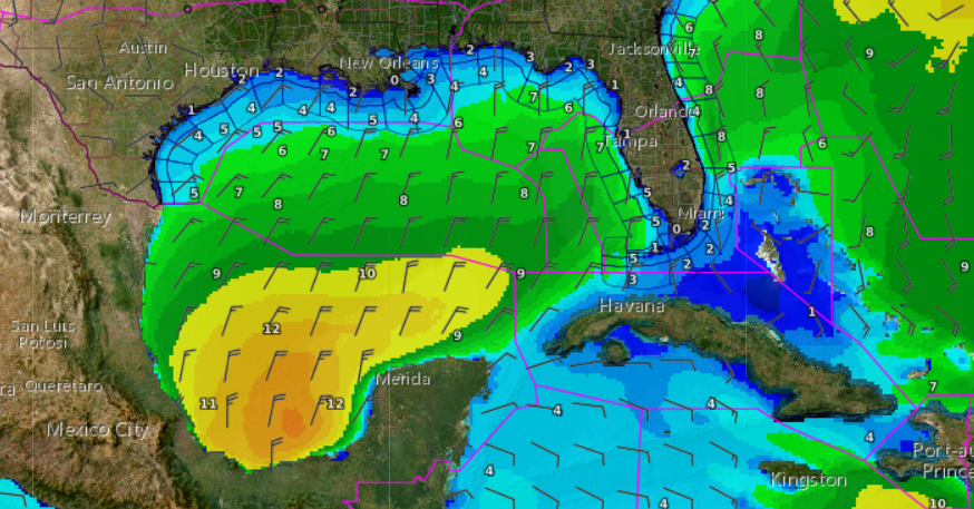 NHC_TAFB's tweet image. 3/17/26: The cold front currently across the southern Gulf waters continues to move SE away from the area. Very rough seas will prevail across the Bay of Campeche this morning, then rough seas will prevail through the day. Image below depicts wave heights in feet. #marine #mexico
