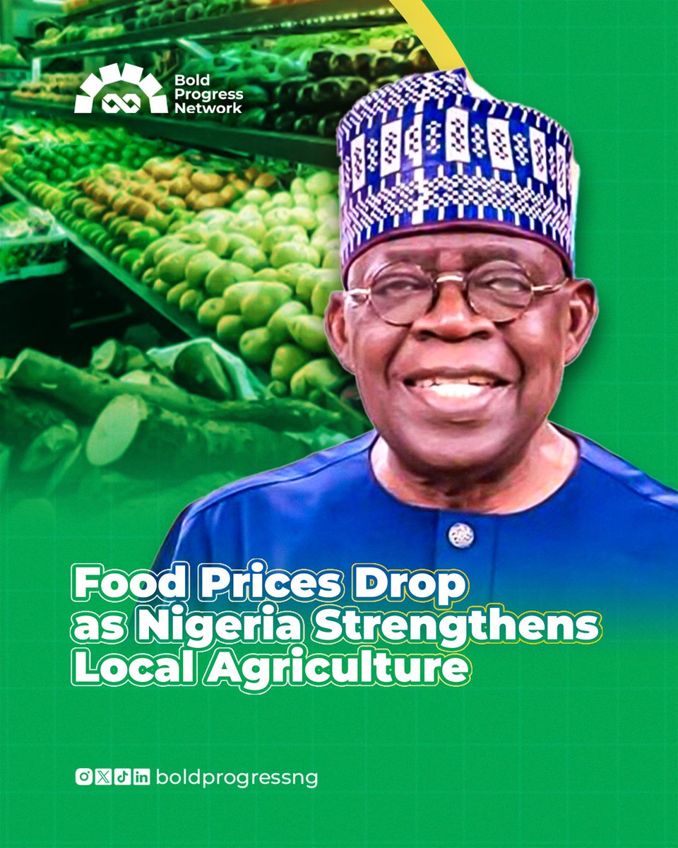 boldprogressNG's tweet photo. Food Prices Drop as President Bola Ahmed Tinubu Strengthens Local Agriculture 🇳🇬
Nigeria’s agricultural reforms are beginning to show real results, with food prices reportedly dropping across key staples.
#FoodSecurity
#FoodPrices
#LocalProduction https://t.co/pWne0d4eSP