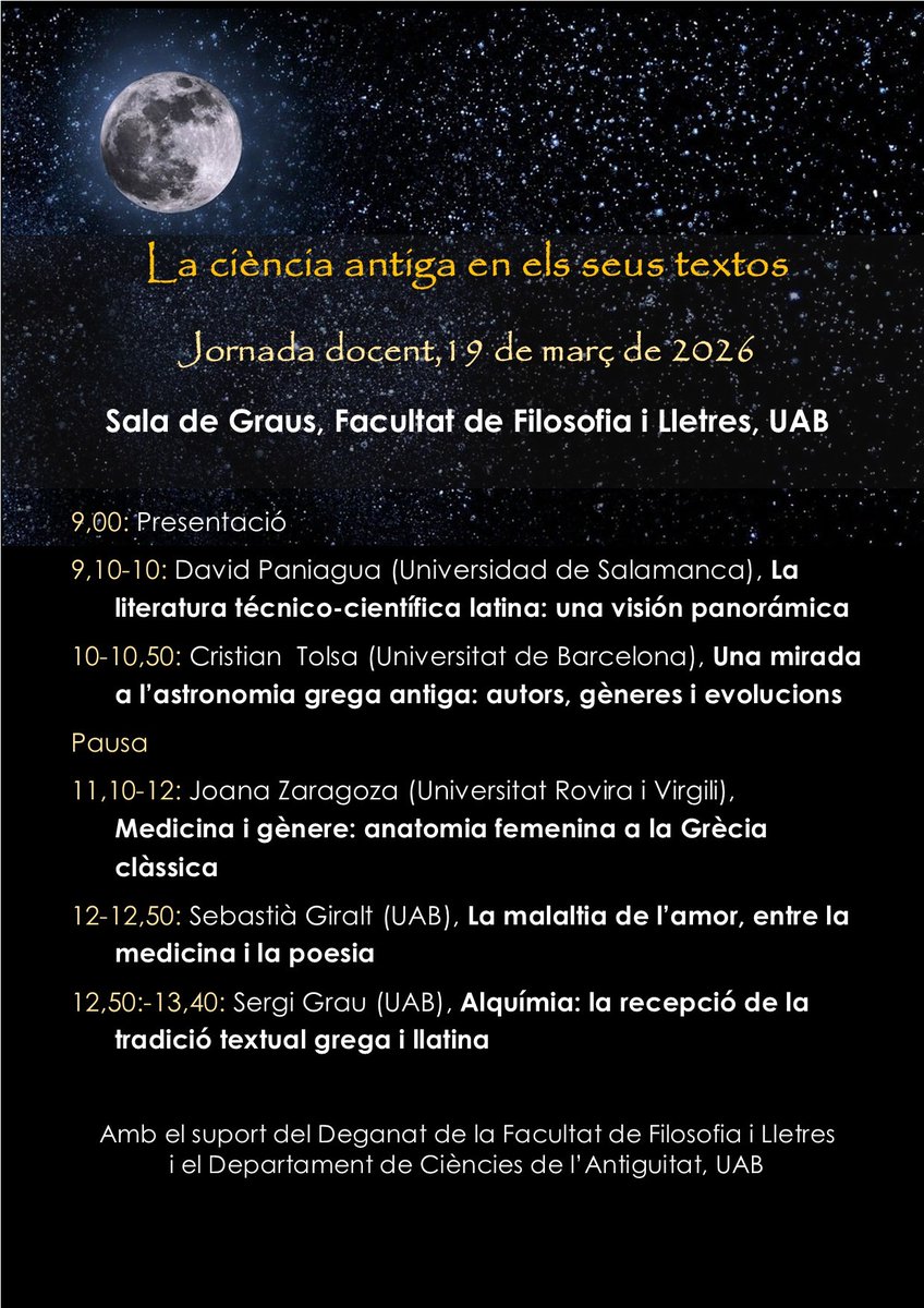 grau_s's tweet photo. "La ciència antiga en els seus textos": jornada docent aquest pròxim 19 de març a la Facultat de Filosofia i Lletres de la UAB. Tothom hi és convidat! @UABBarcelona @cehicuab @ArnaldusV @sebastiagiralt https://t.co/lfcr7J0Ves