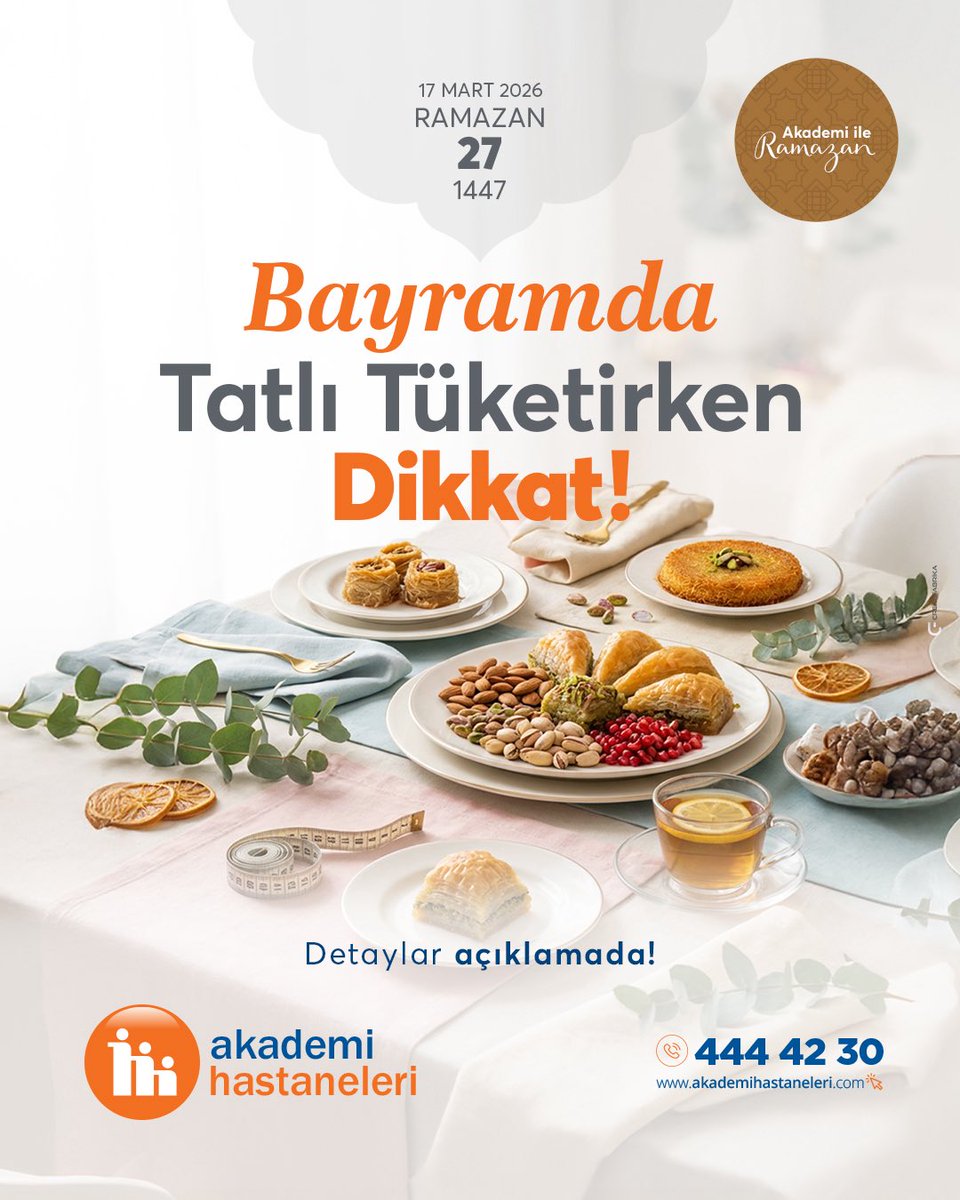 Bayramda tatlı tüketimi artıyor 
Aşırı şeker; kan şekeri dengesini bozabilir, mide ve bağırsak şikayetlerine yol açabilir.

✔️ Porsiyon kontrolü yapın
✔️ Şerbetli yerine sütlü tatlıları tercih edin
✔️ Gün içinde su tüketimini arttırın.