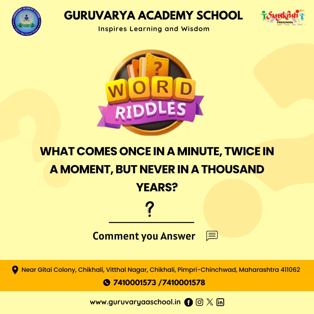 🧩 Word Riddle Time!

What comes once in a minute, twice in a moment, but never in a thousand years? 🤔

Think carefully and drop your answer below! 👇

#WordRiddle #RiddleTime #BrainTeaser #FunLearning #ThinkSmart #Puzzle #GK #MindGame #ChallengeYourself #DidYouKnow